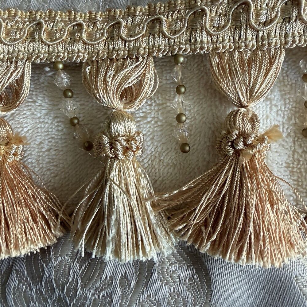 Set Of 2 Croscill Embellished Hand Towels 17x10" Fringe Tassel Jeweled Beige - Picture 3 of 6